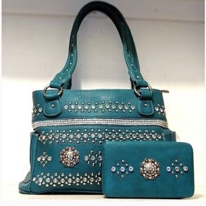 Leather Studded Satchel/Wallet Set